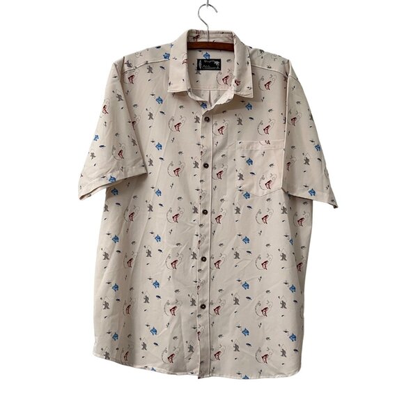 Straight Down Beige Fishing Salmon Lyre Print Short Sleeve Button Shirt XL - Picture 1 of 7